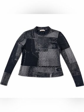 Patchwork-Style Long Sleeve Top in Washed Black/Grey